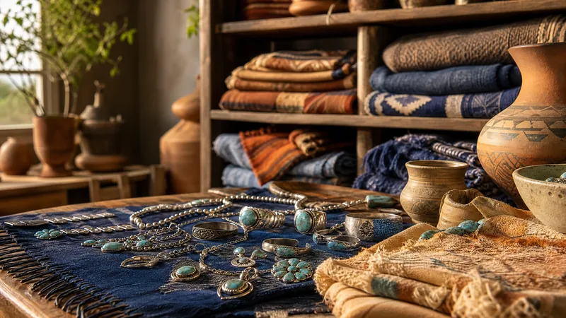 Artisan studio table with handmade pottery and jewelry in warm window light, How to Start a Native Arts, Jewelry or Trading Post Business in New Mexico