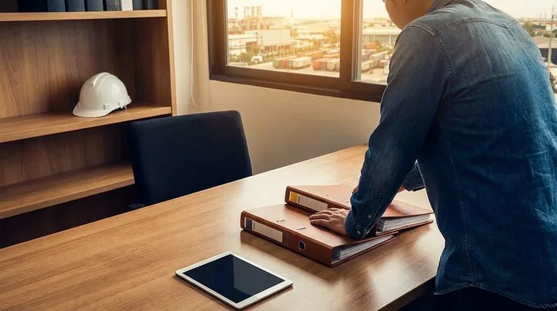 Payroll binders and a hard hat on a desk, New Mexico Workers' Compensation