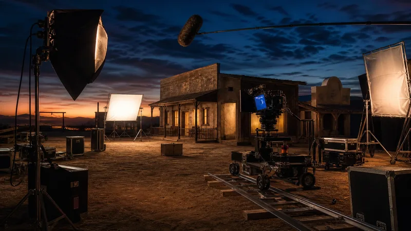 Film set with a camera on a dolly track and studio lights, How to Start a Film Production Company in New Mexico