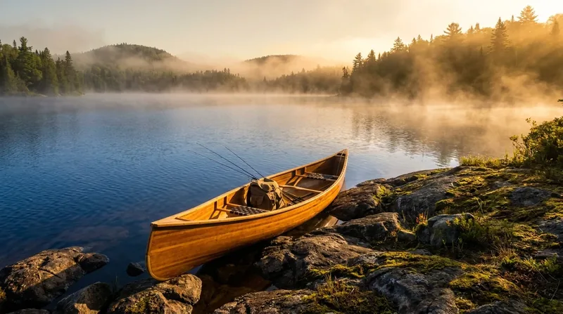 Wooden canoe and fishing gear on a rocky shore of a misty lake, How to Start a Hunting Outfitter or Guide Business in New Mexico
