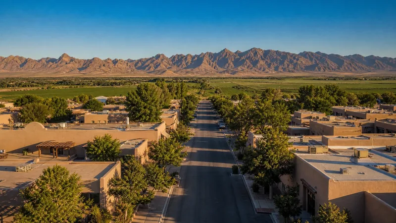Borderlands main street with stucco buildings and a distant desert mountain range, Las Cruces Business Registration