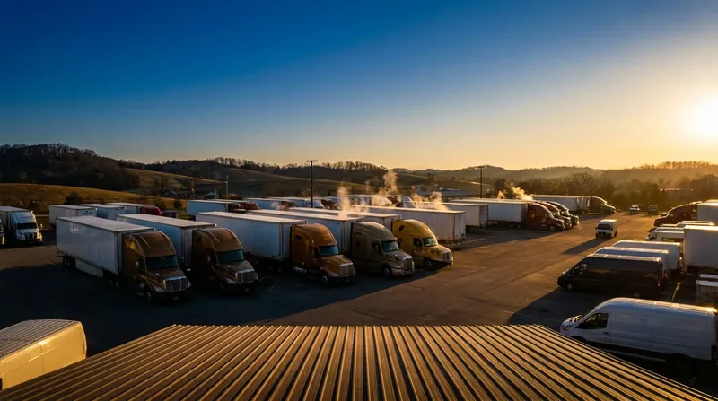 Box trucks and semis at a logistics yard, How to Start a Trucking Company in New Mexico